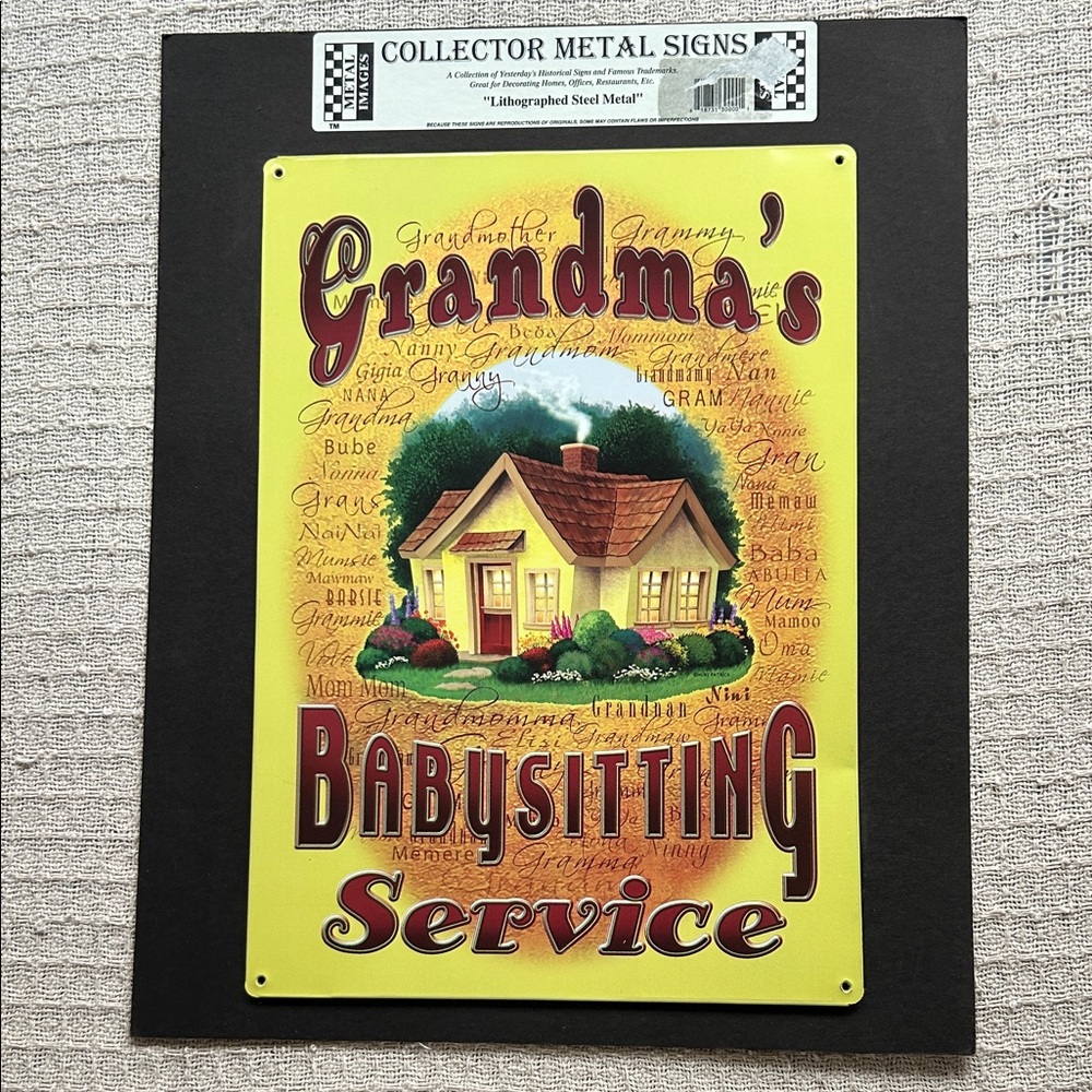 Grandma's Babysitting Service Metal Sign - Yellow and Red